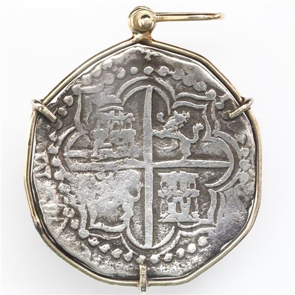 Potosi, Bolivia, cob 8 reales, Philip III, assayer R (curved leg), mounted cross-side out in 14K gol