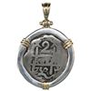 Image 1 : Potosi, Bolivia, cob 2 reales, 1750q, mounted pillars-side out in thick silver bezel with 14K gold p