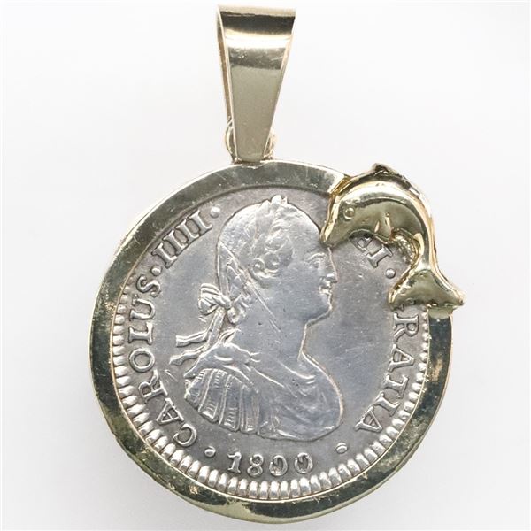 Mexico City, Mexico, bust 1 real, Charles IV, 1800FM, mounted bust-side out in 14K gold bezel with d