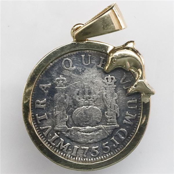 Lima, Peru, pillar 1 real, Ferdinand VI, 1755JD, mounted pillars-side out in 14K gold bezel with dol