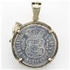 Image 2 : Lima, Peru, pillar 1 real, Ferdinand VI, 1755JD, mounted pillars-side out in 14K gold bezel with dol