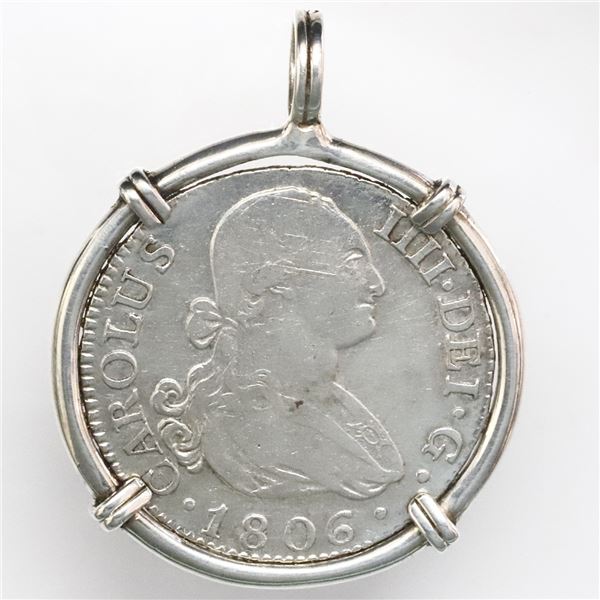 Madrid, Spain, bust 2 reales, Charles IV, 1806FA, mounted bust-side out in silver bezel with fixed b