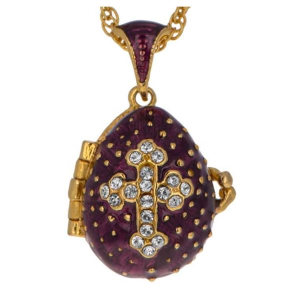 Purple Russian Cross Crystal Locket Egg, Pendant Necklace