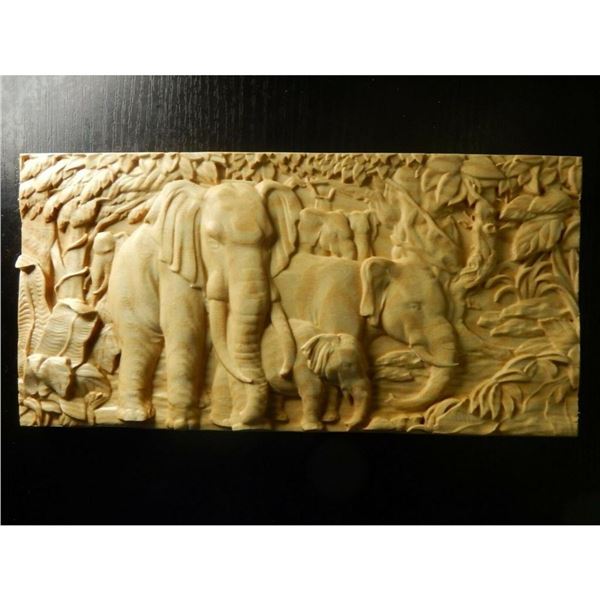 Elephants In Jungle Carving, Wooden Plaque