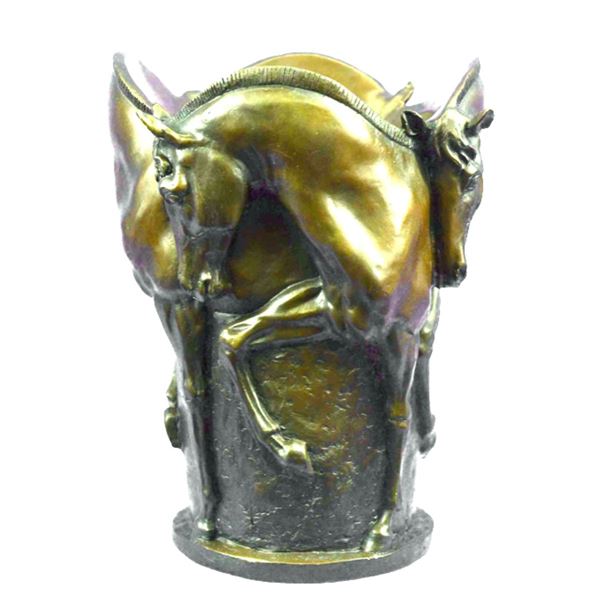 Equestrian Horses Signed Bronze Vase Planter