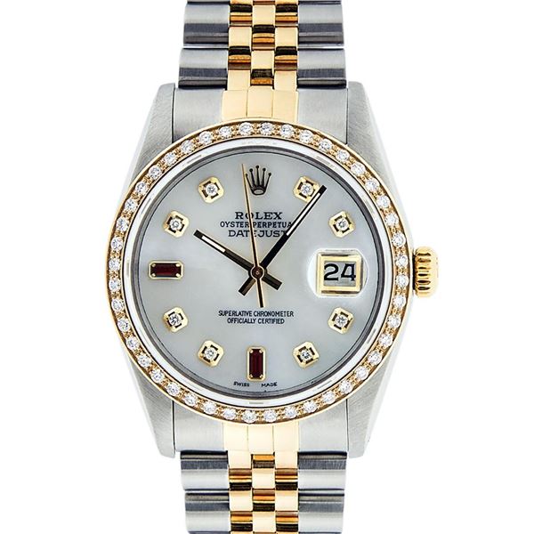 Rolex Mens 2 Tone Mother Of Pearl Diamond 36MM Oyster Perpetual Datejust