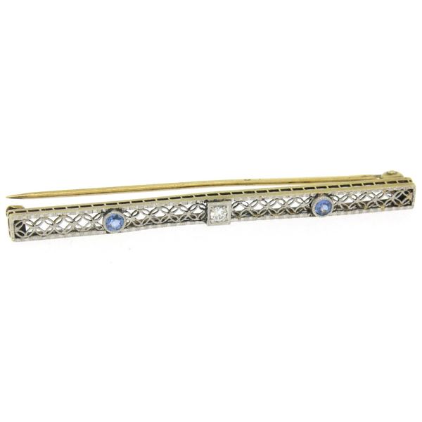 Antique Two Tone 14kt Gold Diamond & Synthetic Sapphire Open Filigree Bar Pin