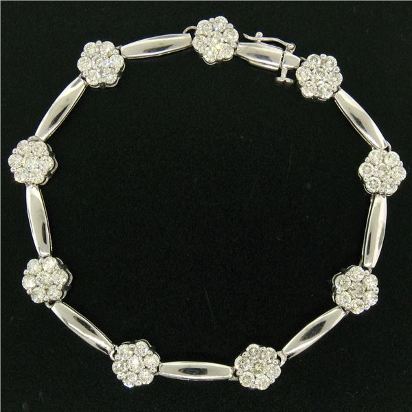 14K White Gold 7" 4.65 ctw Round Diamond Flower Cluster Bar Link Tennis Bracelet