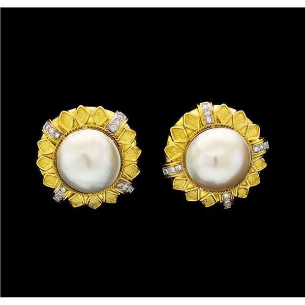 0.58 ctw Diamond and Pearl Earrings - 18KT Yellow Gold