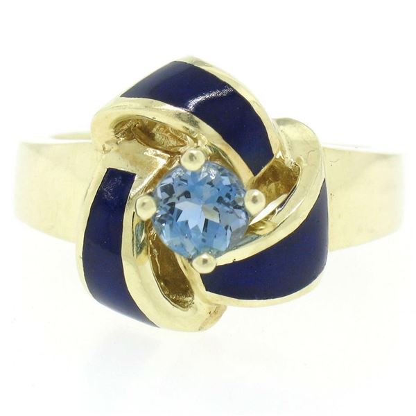 Vintage 14K Yellow Gold FINE Aquamarine & Blue Enamel Trinity Knot Cocktail Ring