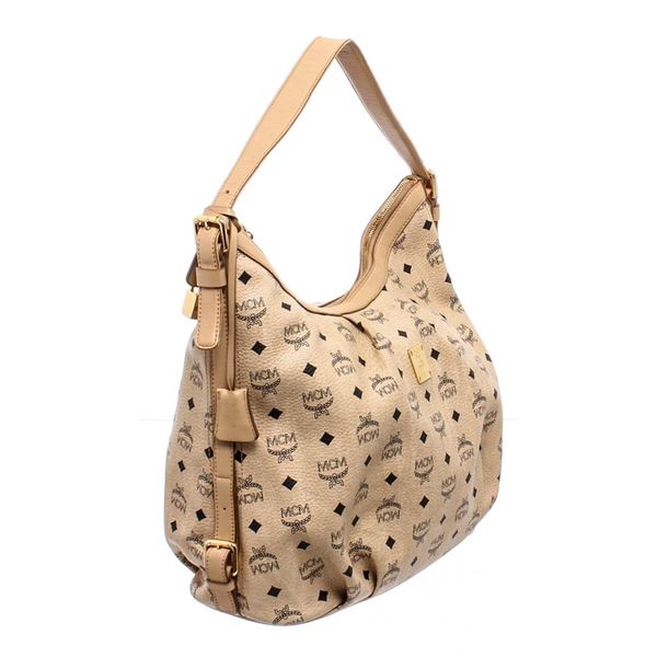 MCM Cream Coated Canvas Visetos Hobo Shoulder Bag