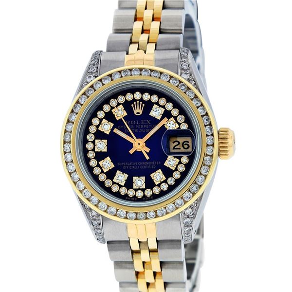 Rolex Ladies 2 Tone Blue Vignette String Diamond Channel Set Datejust Wriswatch