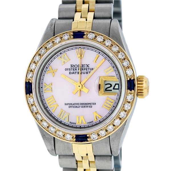 Rolex Ladies 2 Tone Pink Mother Of Pearl Roman & Sapphire Datejust Wristwatch 26