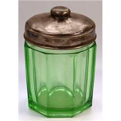 Green Depression Glass w Brass Lid Powder Jar #1582041