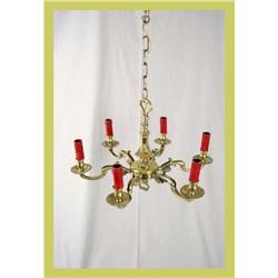 Vintage Belgian Chandelier Brass 6-Arm Red #1582160