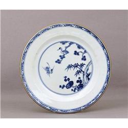 19C Chinese Export Blue & White Plate w Crane  #1582227
