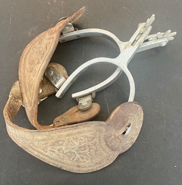 Circa 1940’s Aircraft Aluminum Crockett Spurs with Stamped Leathers