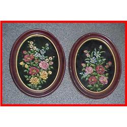 Pair of Victorian Oval Velvet Floral Paintings #1565057