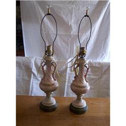 Early Pair of Porcelain Bisque Lamps with Roses#1584958