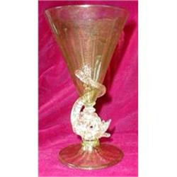 Venetian DOLPHIN Stem GOBLET, Green & Gold #1585062