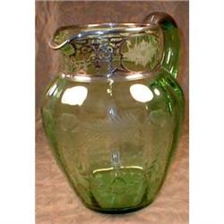 SILVER Overlay PITCHER Etched Glass -ANTIQUE- #1585095