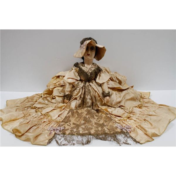 ANTIQUE COMPOSITE HEAD SITTING DOLL (NO LEGS) IN LACE & IVORY DRESS W/ MATCHING HAT