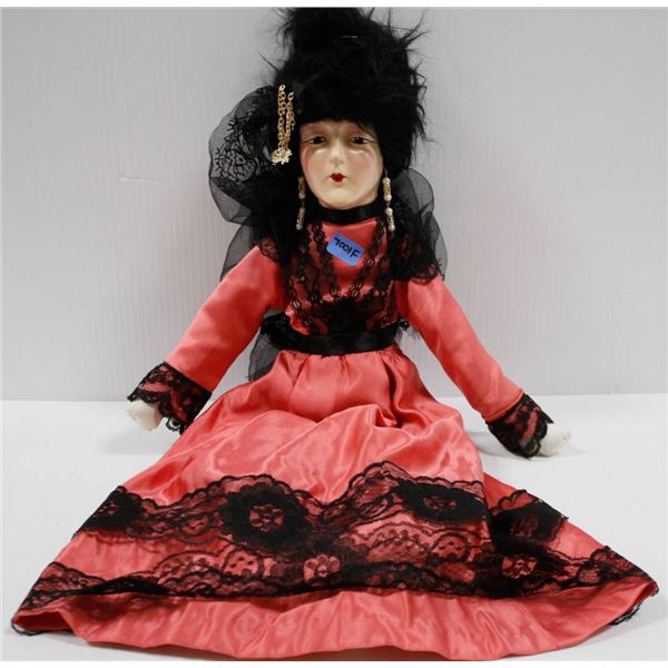 23" BOUDOIR LADY "M" BACK  OF NECK BED DOLL W/ COMPOSITE FACE IN DARK PINK DRESS W/ BLACK LACE