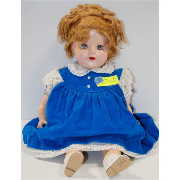 1930'S COMPOSITE CRIER DOLL IN BLUE VELVET DRESS.  #5712