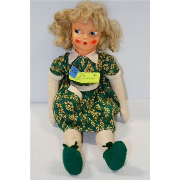 POLISH FABRIC DOLL W/ GREEN DRESS.  #1305