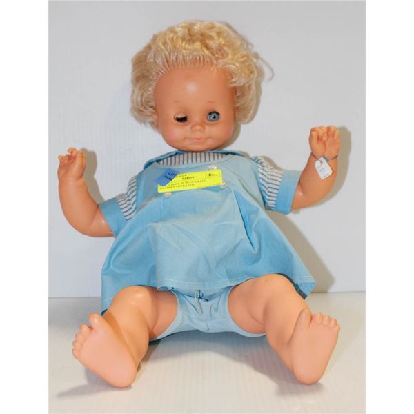 CHILD DOLL IN BLUE DRESS, BATTERY OPERATED. #3602