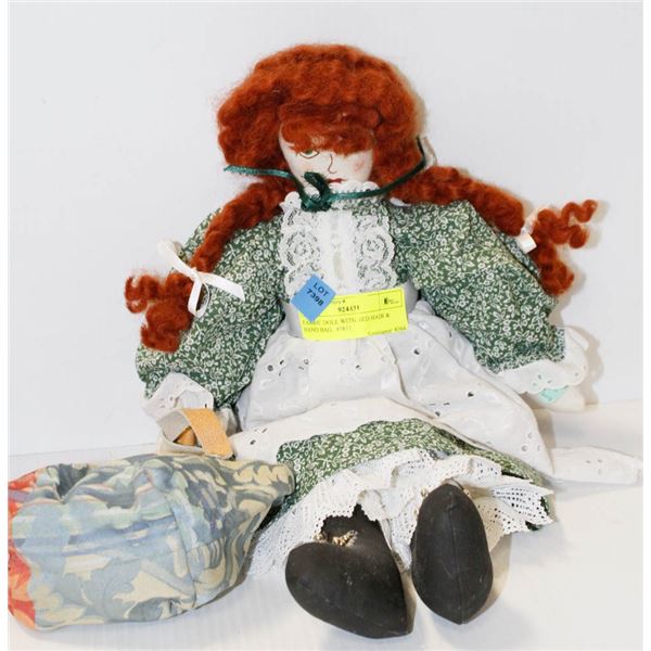 FABRIC DOLL WITH RED HAIR & HAND BAG.  #5811
