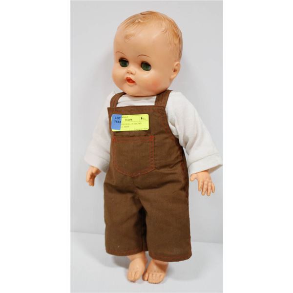 20" TODDLER DOLL, IN BROWN OVERALLS.  #6009