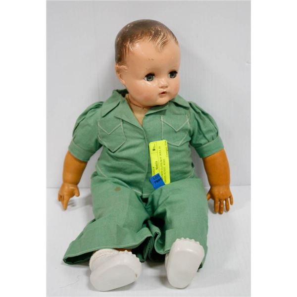 COMPOSITE CLOTH BOY DOLL IN GREEN OUTFIT.  #3303