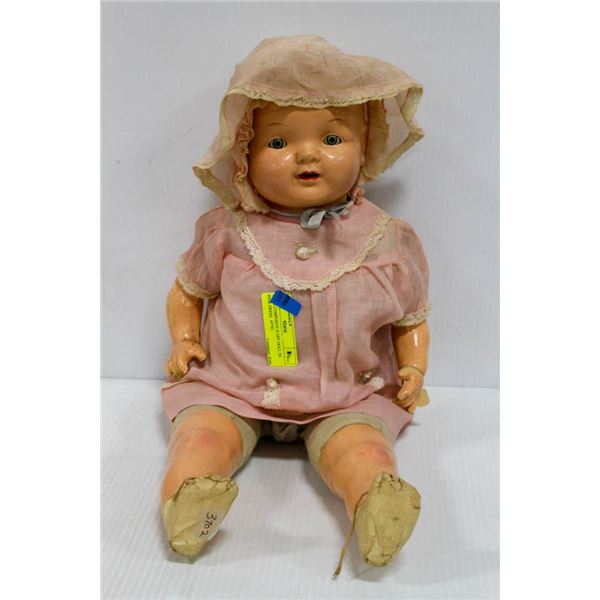 1930'S COMPOSITE BABY DOLL IN PINK DRESS.  #3702