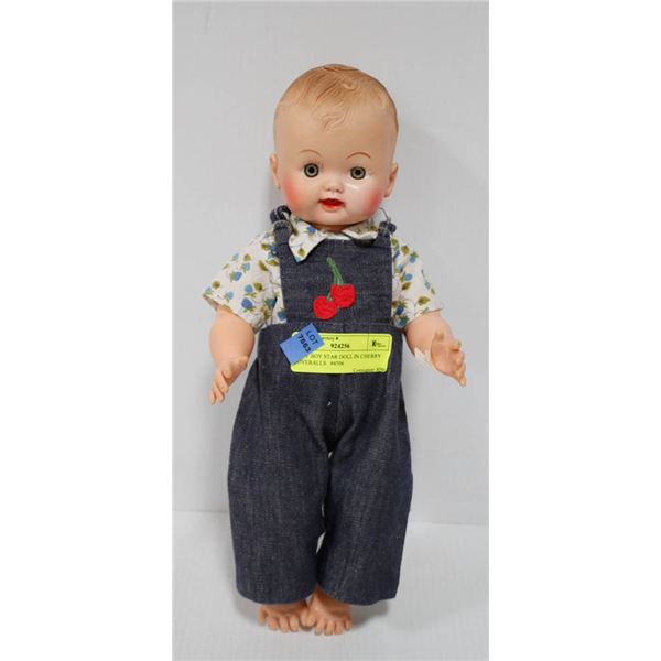 BABY BOY STAR DOLL IN CHERRY COVERALLS.  #4506