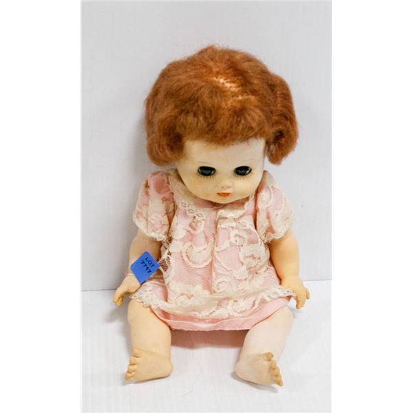 1950'S RUBBER DOLL IN PINK/ LACE DRESS