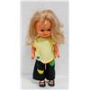 Image 1 : FAMOSA GIRL CHILD RUBBER DOLL, BLONDE W/ YELLOW/ DENIM FLORAL OUTFIT