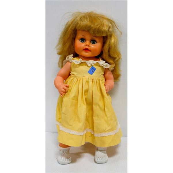 VINTAGE RUBBER DOLL, BLONDE W/ YELLOW DRESS & SHOES
