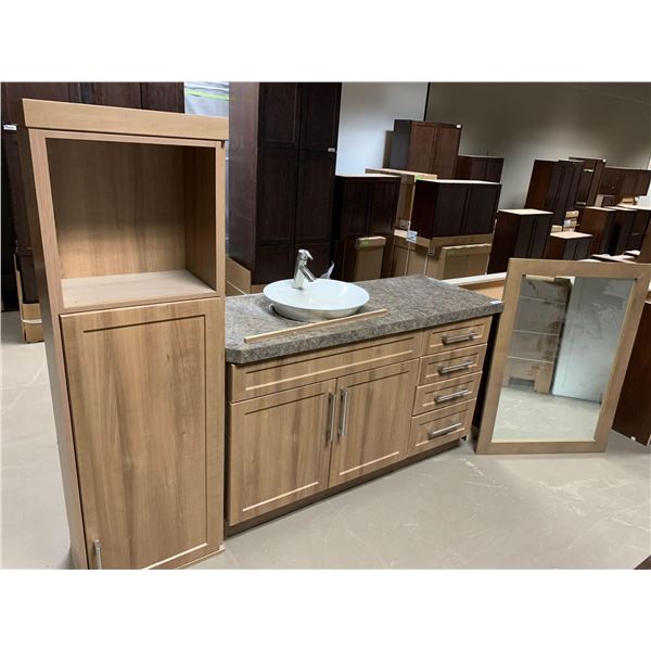 Lot of 3 matching vanity cabinet set with sink includes Vanity 56.5W, mirror and tll cabinet 19W