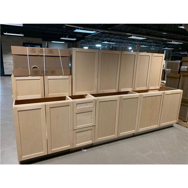Natural Maple 9 piece Kitchen Cabinet Set includes 4 base cabinets 30W, 30W, 15W, 36W and 5 wall cab