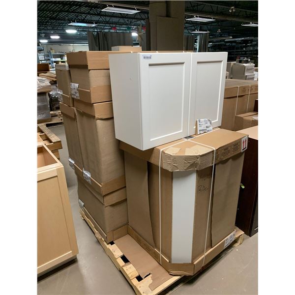 Lot of 7 Matching white shaker style Cabinets includes: 30W x 21K, 24W x 36H, 12W x 36H x 2, 37W x 1