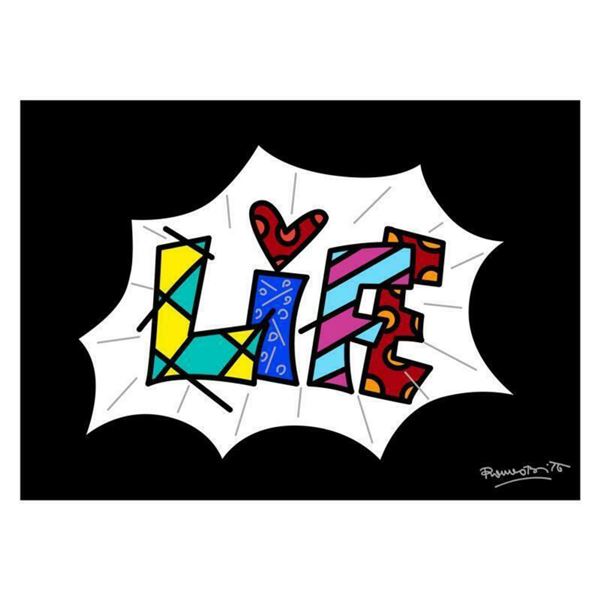 Romero Britto  Life Black Mini Word  Hand Signed Giclee on Canvas; Authenticated