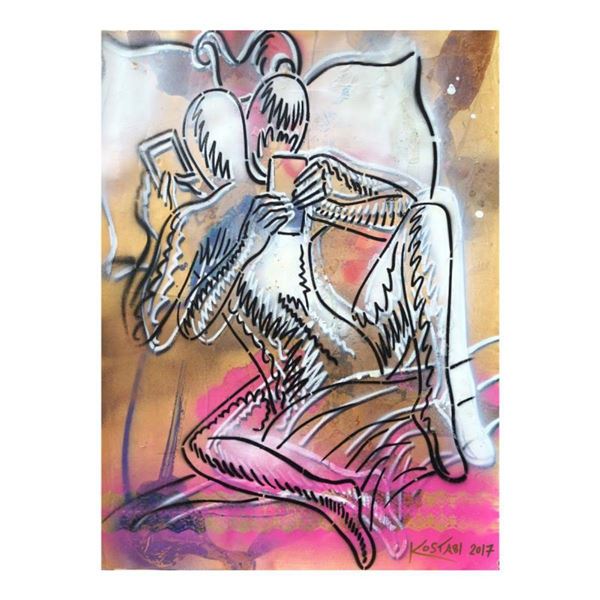 Mark Kostabi "Sexting (Quality Time)" Hand Signed Original Artwork with COA.