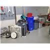 Image 1 : ASSORTED ELECTRIC FANS, GARBAGE CANS, BROOMS AND 2 WHEELED MOBILE DOLLY