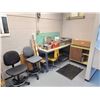 Image 1 : CONTENTS OF SHIPPING CORNER INCLUDING METAL WORK BENCH STORAGE CABINET 3 CHAIRS, ANTI FATIGUE MAT