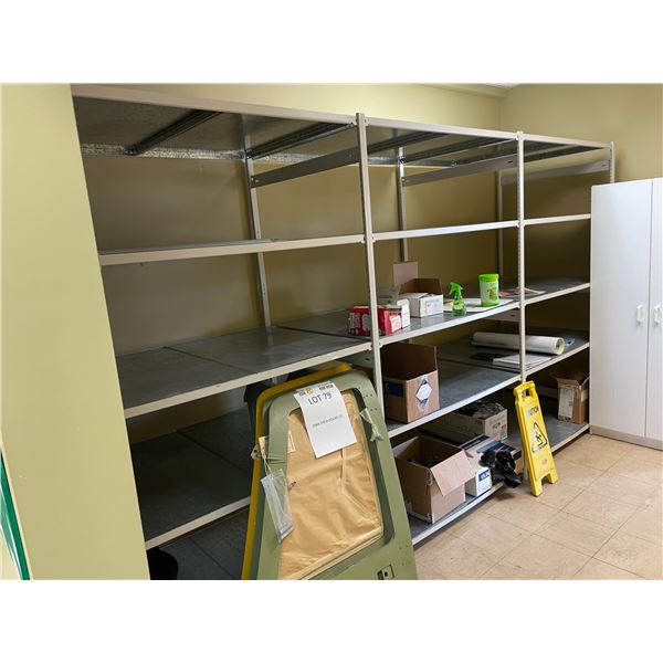 3 BAYS OF EZ-RECT STYLE PARTS SHELVING 84"H X 48"W X 36"D ( HELICOPTER PARTS NOT INCLUDED )