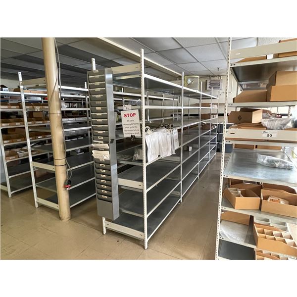 4 BAYS OF EZ-RECT STYLE PARTS SHELVING 84"H X 48"W X 24"D ( HELICOPTER PARTS NOT INCLUDED )