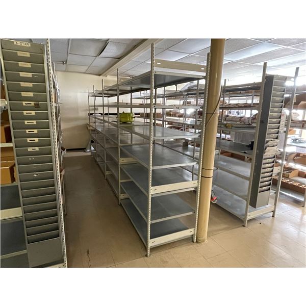 4 BAYS OF EZ-RECT STYLE PARTS SHELVING 84"H X 48"W X 24"D ( HELICOPTER PARTS NOT INCLUDED )