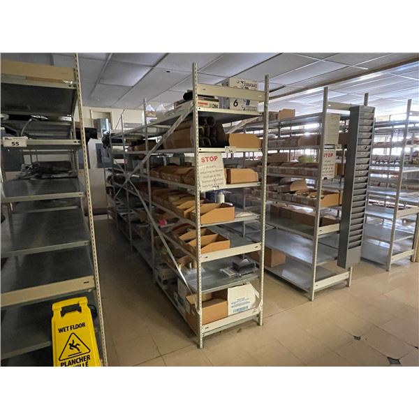 4 BAYS OF EZ-RECT STYLE PARTS SHELVING 84"H X 48"W X 24"D ( HELICOPTER PARTS NOT INCLUDED )