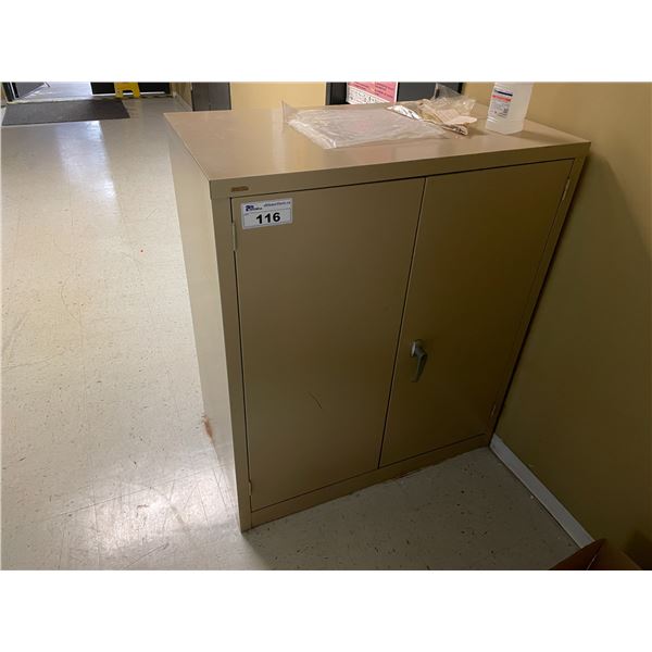 SMALL BEIGE METAL 2 DOOR CONSUMABLES CABINET & CONTENTS